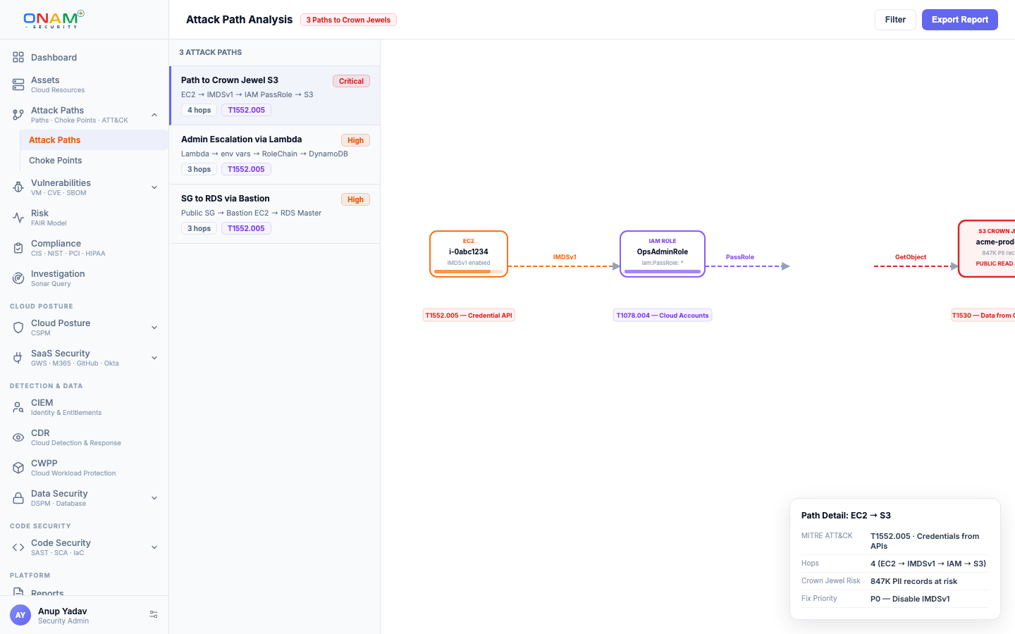 The Attack Path view in the Onam console (demo account)