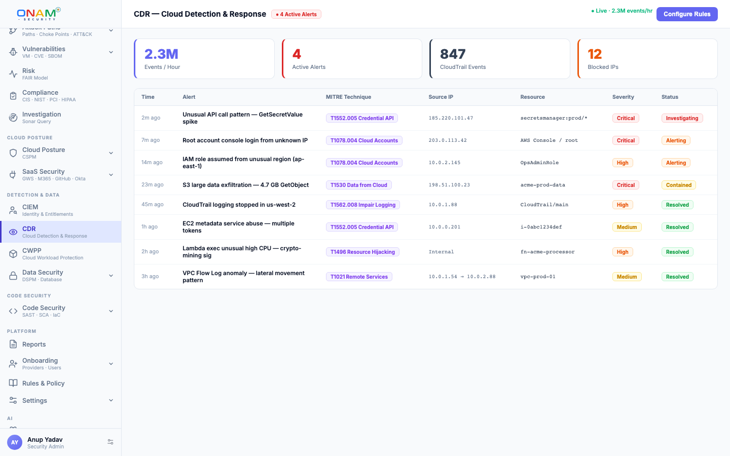 The CDR alert view in the Onam console (demo account)
