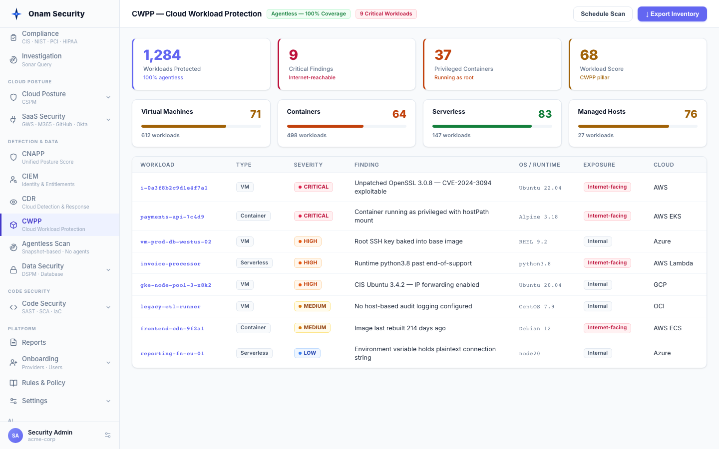 Cloud workload protection across VMs, containers, serverless, and managed hosts (demo account)