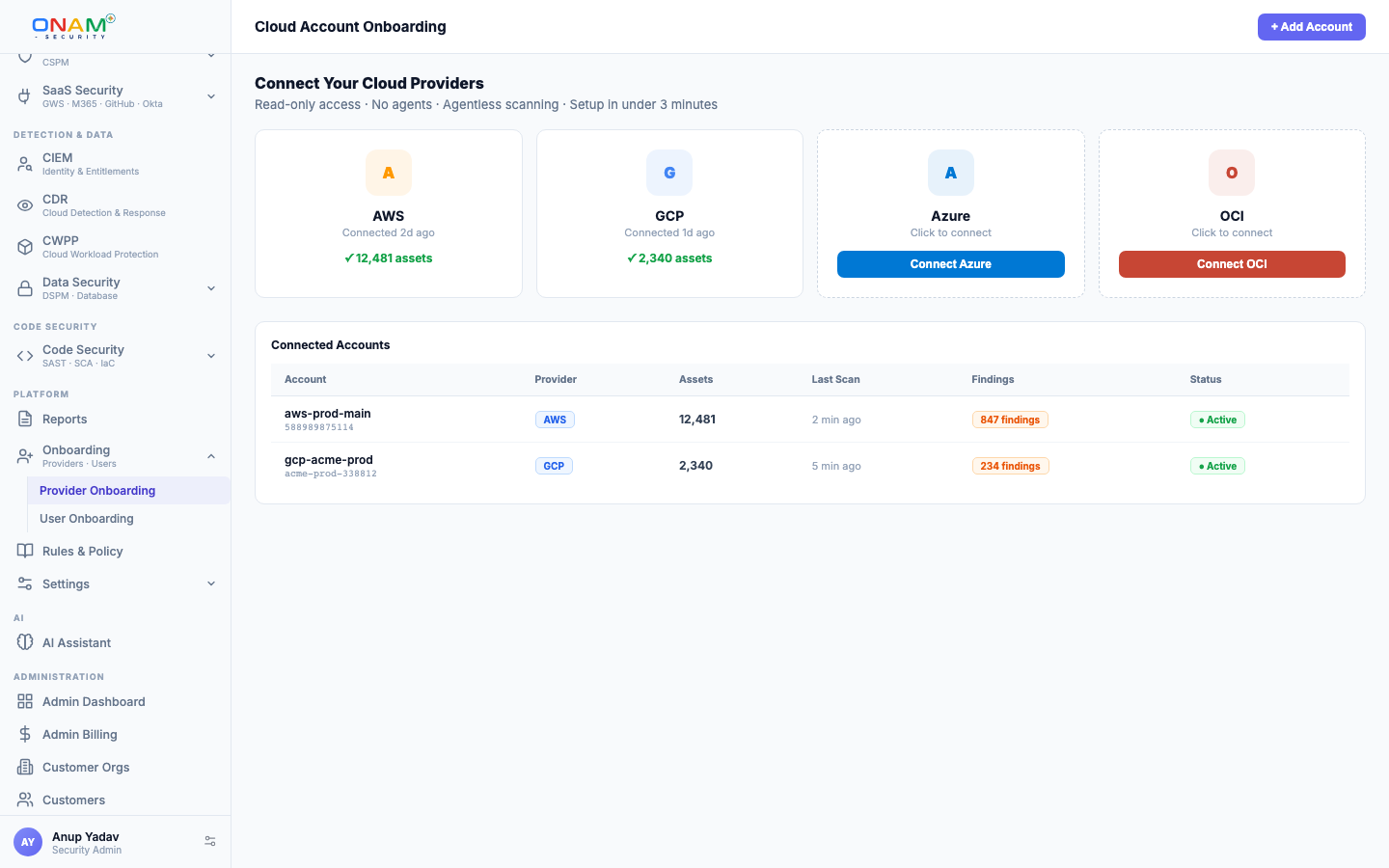The Onboarding view in the Onam console (demo account)
